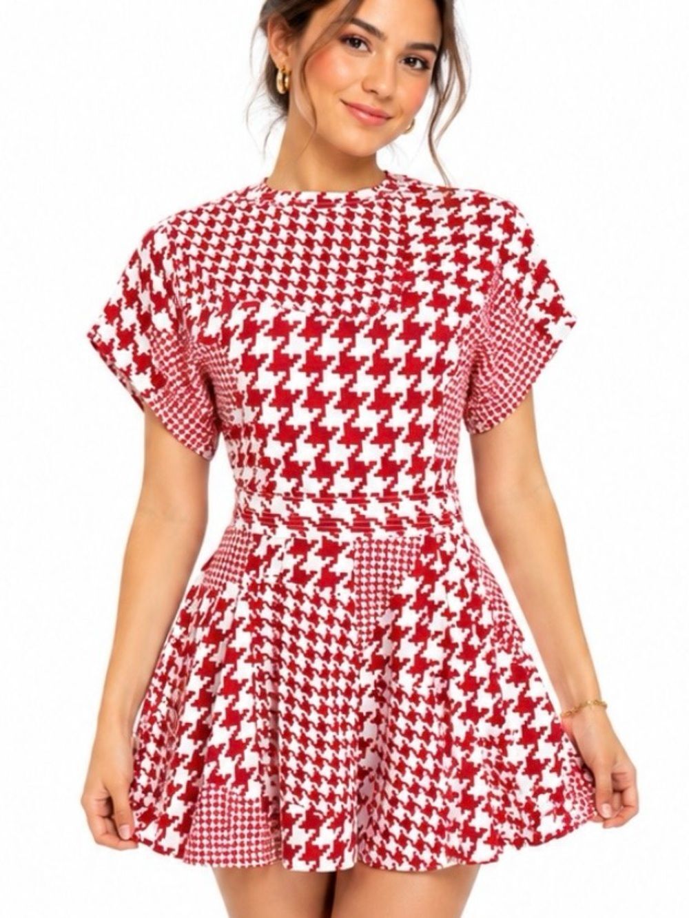 C/MEO Collective Red and White Houndstooth Fit & Flare Romper Size Small